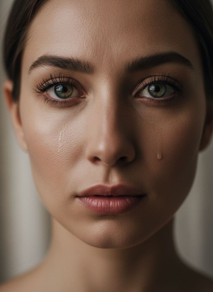 Ultra-realistic close-up portrait of a woman, flawless yet natural skin texture, visible pores and micro-details, intense expressive eyes, soft cinematic lighting, shallow depth of field, professional fashion photography, 85mm lens look, neutral background, dramatic contrast, hyper-realism, 8k quality, no beauty filters, raw realism