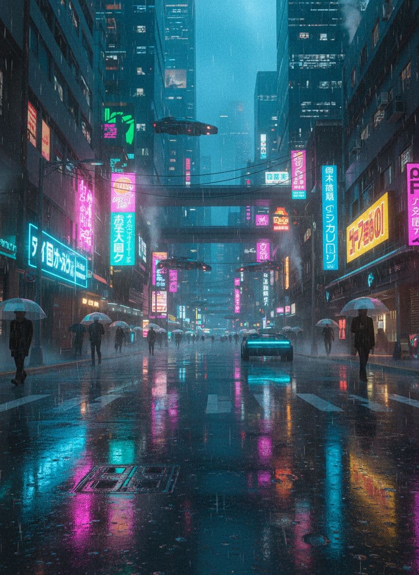 Rainy cyberpunk street at night, neon signs glowing through the rain, reflective pavement, moody lo-fi atmosphere, soft blur and grain, cinematic depth, futuristic urban setting, melancholic mood, digital art, high detail
