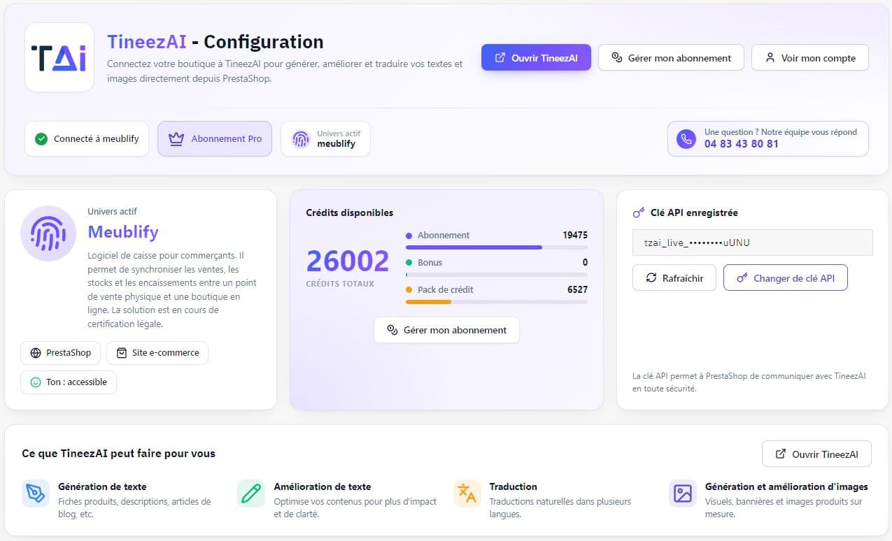TineezAI module configuration screen in PrestaShop: active Universe, available credits and saved API key