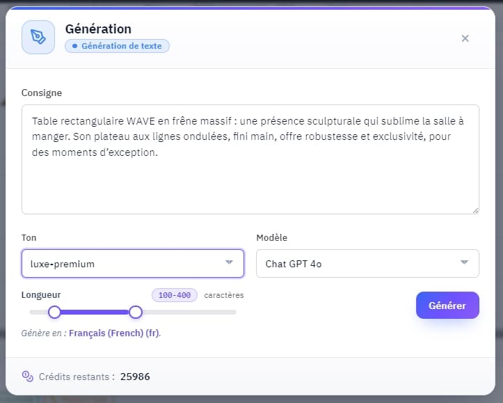 TineezAI text generation modal with tone selector, model selector and length slider