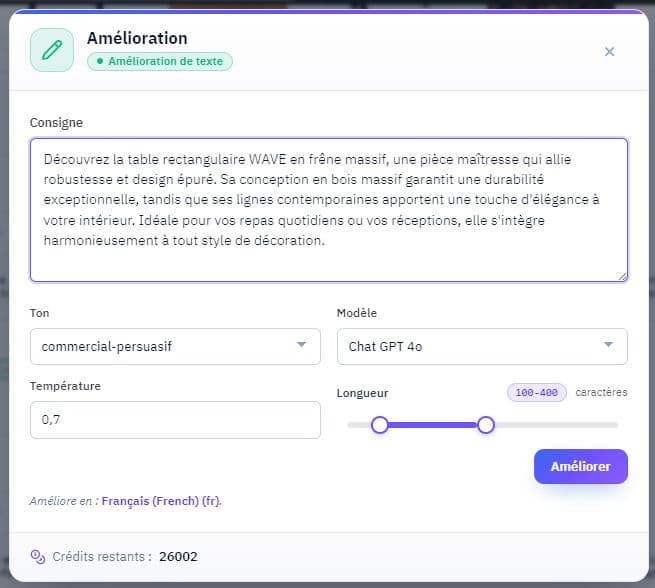 TineezAI text improvement modal with temperature setting