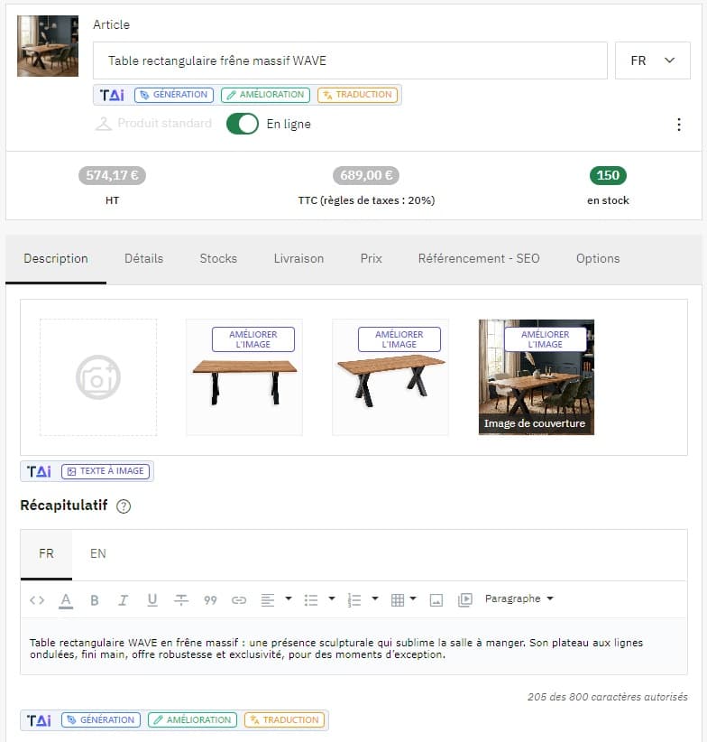 PrestaShop product page in the back office: the TineezAI buttons appear under the product name, on every gallery image and under the summary