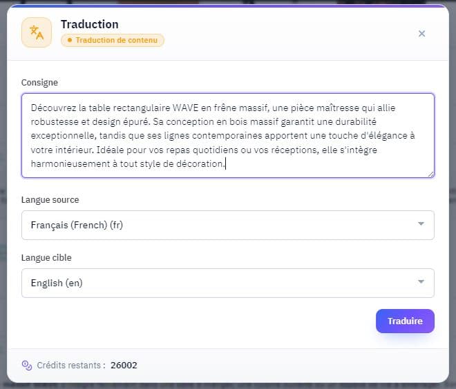 TineezAI translation modal with source and target language