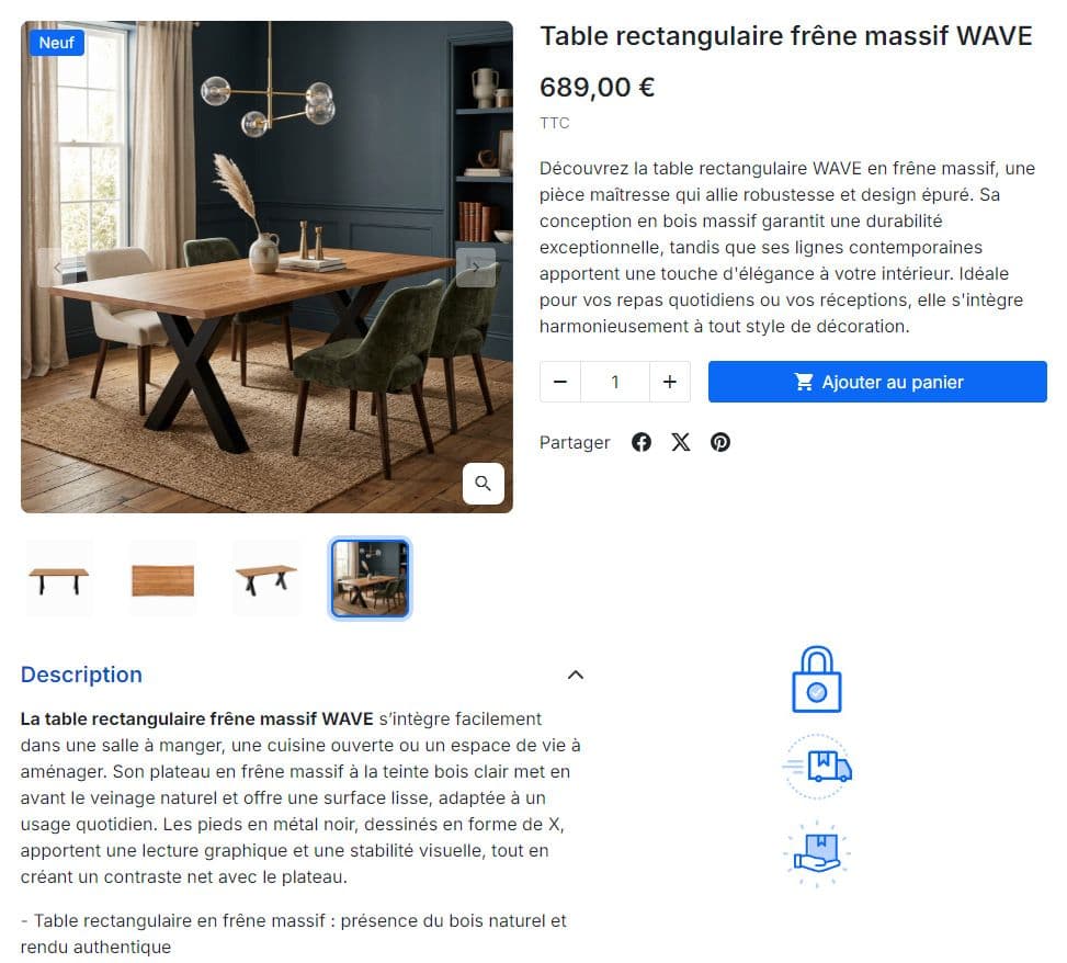 The same product page after TineezAI: a lifestyle cover shot, a selling summary and a detailed description