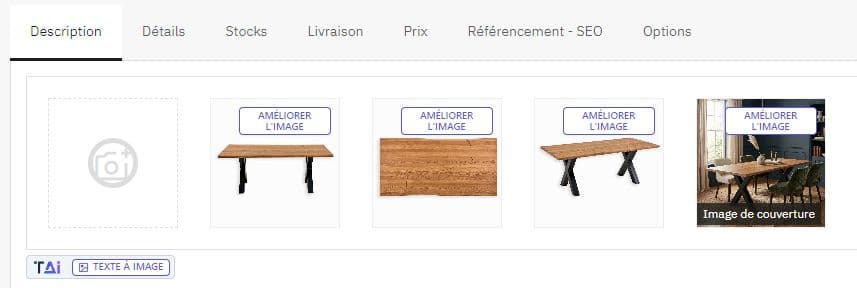 PrestaShop product image gallery with the "Enhance image" button on every thumbnail and the "Text to image" button below the gallery