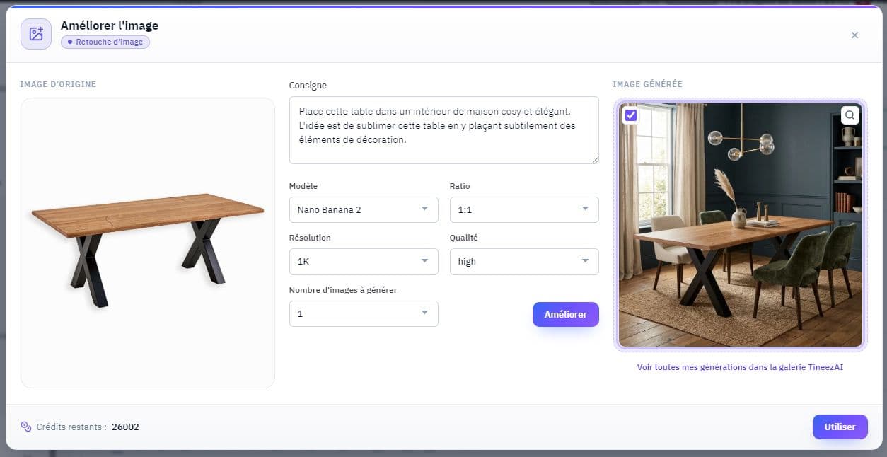 TineezAI "Enhance image" modal: source image, prompt, model, ratio, resolution and quality settings, and the generated image